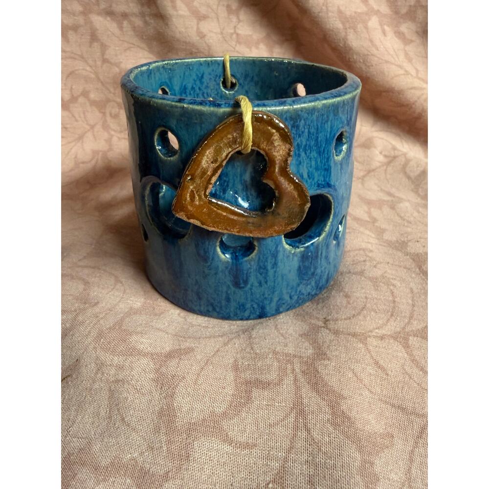 Handmade Blue Pottery Candle Holder w Heart and Star Accent